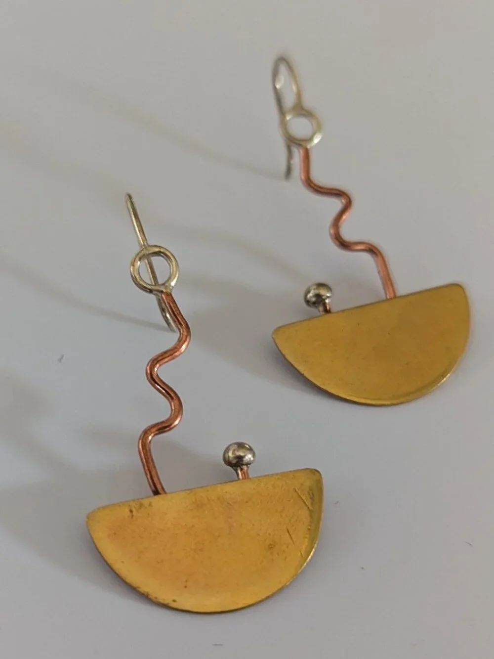 Deb Collins Artisan Copper/Brass/Sterling Silver Abstract Dangle Earrings